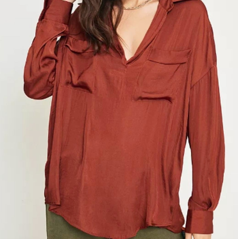 Free People M Starry Dreams Pullover Hi-Low Orange Long Sleeve Blouse Top